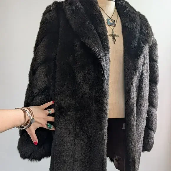 Vintage Black Faux Fur Coat Fur Trim Jacket Mob Wife Minimalist Goth Chic Medium - Picture 5 of 12